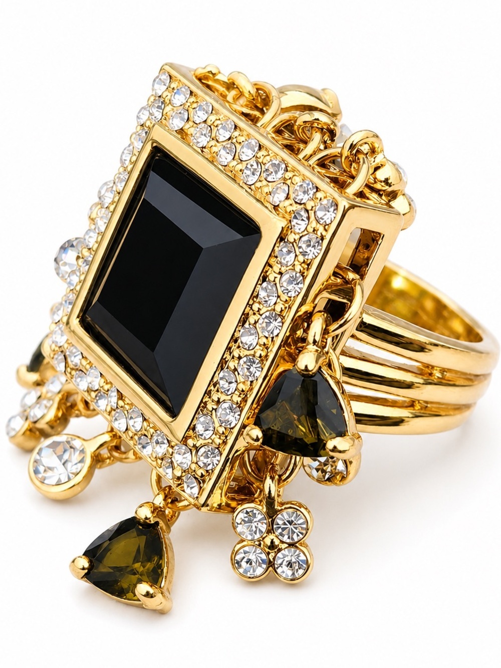 Gold Tone Black Crystal Statement Ring Rhinestone Charm Cocktail Ring NWT - Picture 4 of 7
